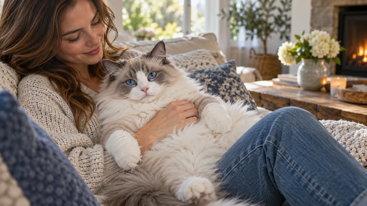 Ragdoll Kedisi kedi — sahibinin kucağında
