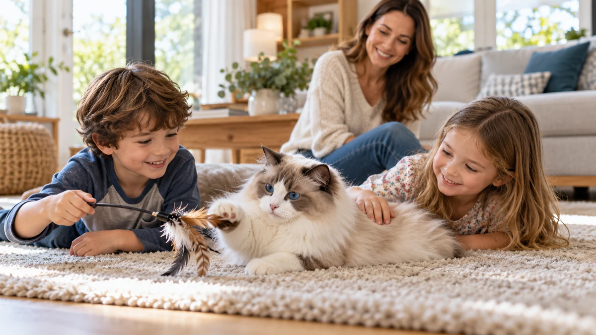 Ragdoll Kedisi kedi — çocuklarla oyun